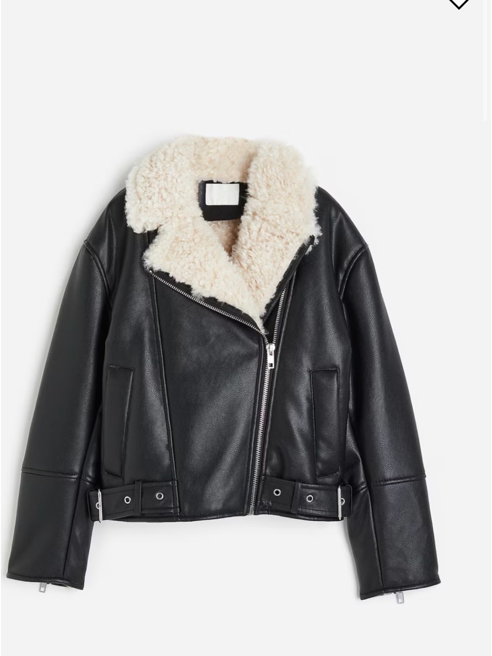 New Black Faux Leather Biker Jacket with Cream tan teddy Collar